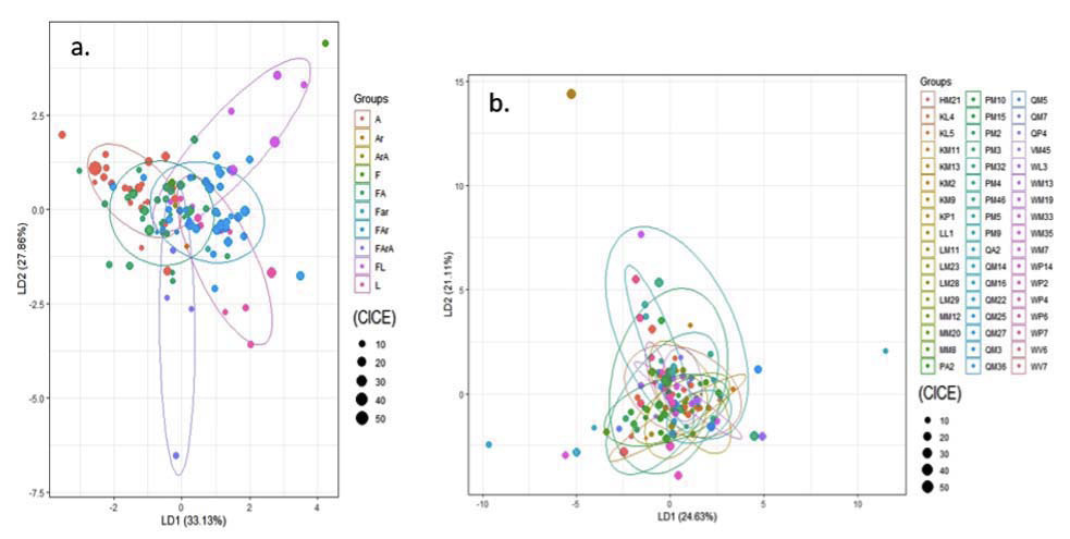 Linear discriminant analysis for soil quality variables with presence of the genus Furcraea based on soil analysis of 11 departments of Colombia Corporacion Colombiana de Investigacion Agropecuaria AGROSAVIA 2014 a Texture as a factor of discrimination A sandy Ar clayey ArA sandyclayey F loamy FA sandyloam Far clayeyloamy FARA sandyclayeyloamy FL silt loam L silt b Agroecological zone as a factor of discrimination according to Servicio Colombiano Geologico Agustin Codazzi 2013