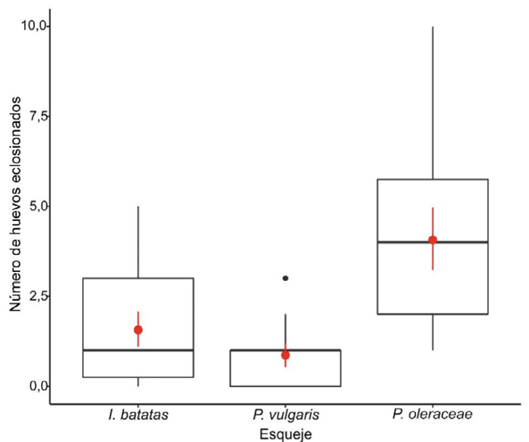 N�mero promedio de huevos eclosionados de O. insidiosus en esqueje Ipomoea batatas, Phaseolus vulgaris y Portulaca oleracea. Universidad Nacional Aut�noma de Nicaragua, Le�n. Nicaragua, 2020.