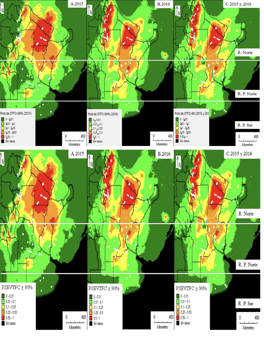 Modelos predictivos de condiciones ambientales adecuadas para una severidad mayor o igual al 90 % del tizn foliar por Cercospora causado por Cercospora kikuchii. A. 2015, B. 2016, C. 2015 y 2016. PSERTFC ≥ 90 %: probabilidad de una severidad del tizn foliar por Cercospora ≥ 90 %. Pergamino, Buenos Aires Argentina, 2015 a 2016.