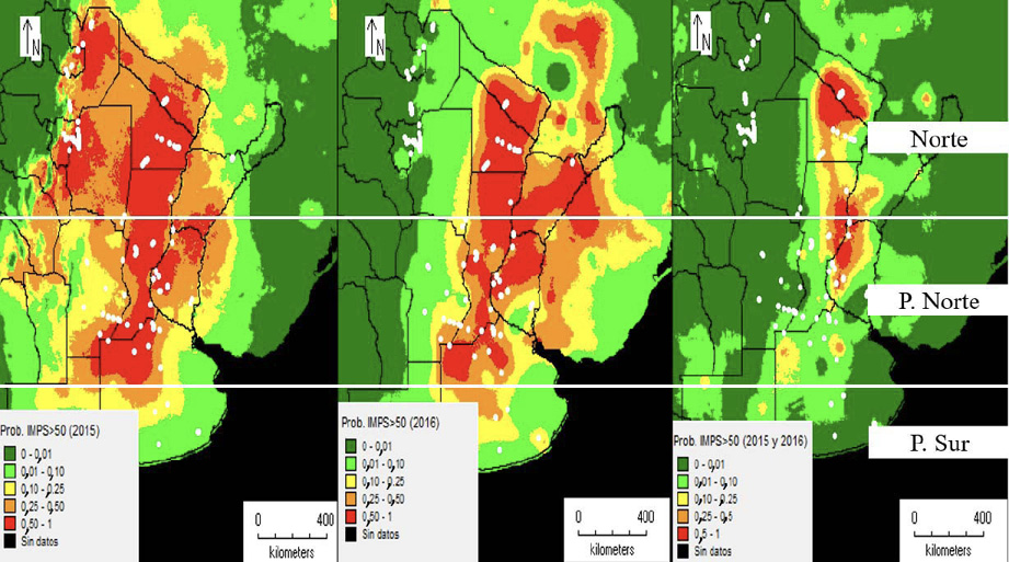 Figura 2. Modelos predictivos de condiciones ambientales adecuadas para una incidencia mayor o igual al 50 % de la mancha prpura de la semilla (MPS) causada por Cercospora kikuchii. A. 2015, B. 2016, C. Promedio de los aos 2015 y 2016. PIMPS ≥50 %: probabilidad de una incidencia de mancha prpura de la semilla ≥ 50 %. Pergamino, Buenos Aires Argentina, 2015 a 2016.