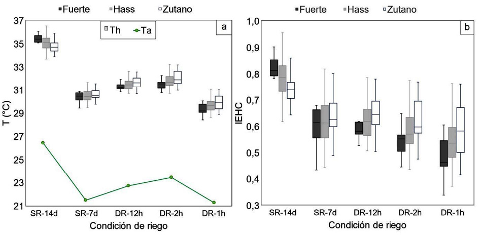Variacin de la temperatura de la hoja (Th) y el aire (Ta) (a), y el ndice de estrs hdrico de cultivo (IEHC) (b), segn las condiciones de riego en tres variedades de palto (Persea americana M.) en la Estacin Experimental Agraria Canan del Instituto Nacional de Innovacin Agraria (INIA). Ayacucho, Per, 2023.