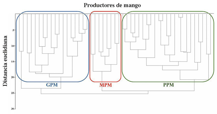 Dendrograma de los grupos de productores de mango Manila identificados en Actopan, Veracruz, M�xico, 2021-2022.