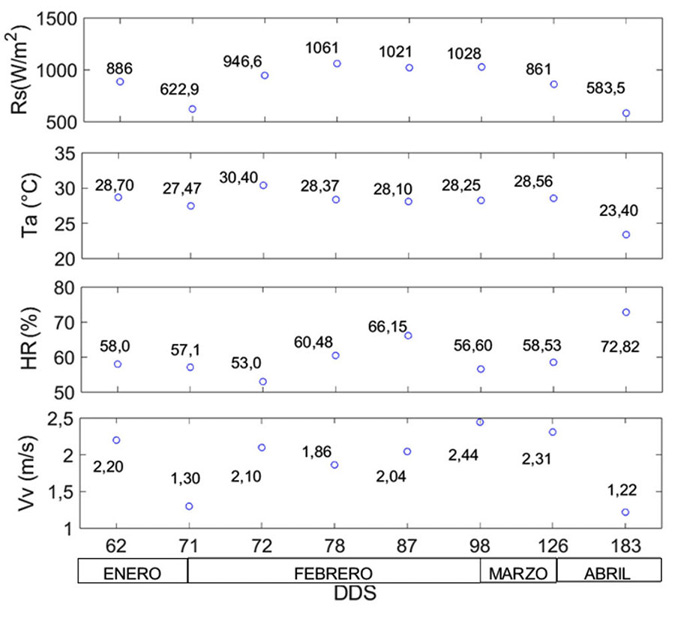 Variables meteorol�gicas durante el monitoreo del cultivo de algod�n de fibra extralarga, variedad Molinero (Gossypium barbadense L.). Unidad de Investigaci�n en Riego de la Universidad Nacional Agraria La Molina, Lima, Per�, de noviembre de 2022 a mayo de 2023.