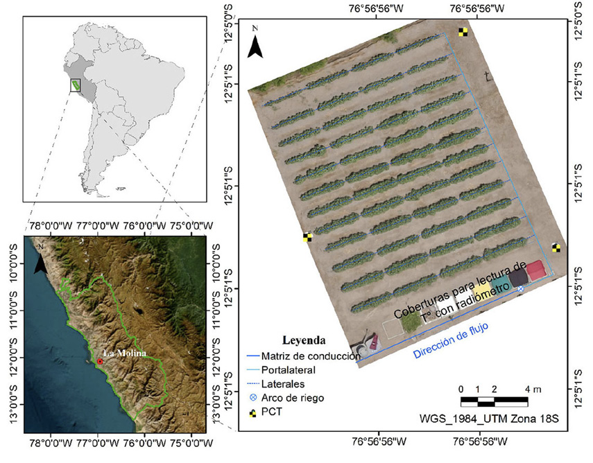 Ubicaci�n y distribuci�n de parcelas en la Unidad de Investigaci�n en Riego de la Universidad Nacional Agraria La Molina, Lima, Per�, de noviembre de 2022 a mayo de 2023.