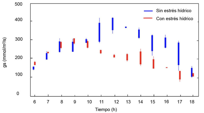 Variaci�n horaria de la conductancia estom�tica (gs) en el cultivo de algod�n sin y con estr�s h�drico. Unidad de Investigaci�n en Riego de la Universidad Nacional Agraria La Molina, Lima, Per�, de noviembre de 2022 a mayo de 2023.