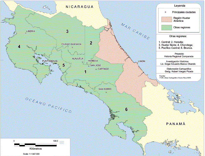 Mapa de la regi&oacute;n Atl&aacute;ntico-Caribe de Costa Rica. Tomado de Atlas Cartogr&aacute;fico de Costa Rica, (p.10), Instituto Tecnol&oacute;gico de Costa Rica, 2008, Costa Rica: EITCR. Derechos reservados 2008 por Edgar Eduardo Blanco Obando. Reproducido con permiso.