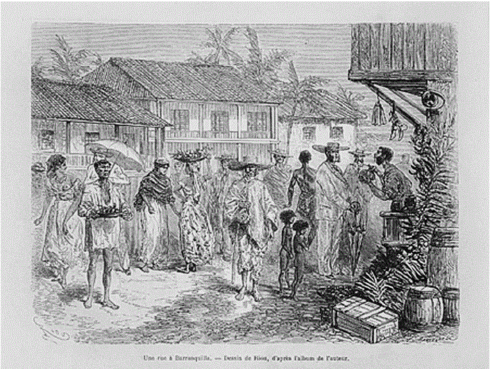 Una calle en Barranquilla (dise&ntilde;o de E. Riou, con base en un croquis del autor). Tomado de L'Am&eacute;rique &Eacute;quinoxiale (Colombie-Equateur-Perou), p. 12, por A. &Eacute;douard, 1869, Francia: Librer&iacute;a Hachette.