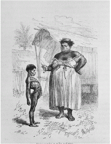 Mujer zamba y ni&ntilde;o enfermo (grabado 12x8 cm, blanco y negro, por R. Armand). Tomado de Exploracones &aacute; los Istmos de Panam&aacute; y Darien en 1876, 1877 y 1878, p. 52, por R. Armand, 1881, Espa&ntilde;a: Juan Vidal.