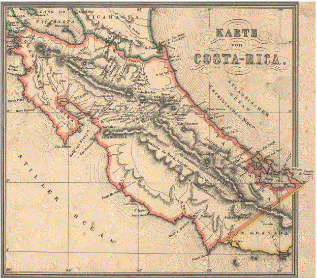 Mapa denominado Karte von Costa Rica, de 1854. Reproducción fotolitográfica de la edición de Wagner U. Scherzer, titulada Costa Rica, publicada en Leipzig en 1856. Tomado de Colección mapas y planos, de la Dirección General del Archivo Nacional de Costa Rica (signatura 8850), Costa Rica. Reproducido con permiso.
