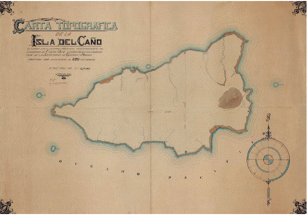 Carta topográfica de la isla del Caño, de 1915. Realizada por D. A. Bejarano para la Secretaría de Guerra y Marina. Escala 1: 5000. Tomado de Colección mapas y planos, de la Dirección General del Archivo Nacional de Costa Rica (signatura 7075), Costa Rica. Reproducido con permiso.