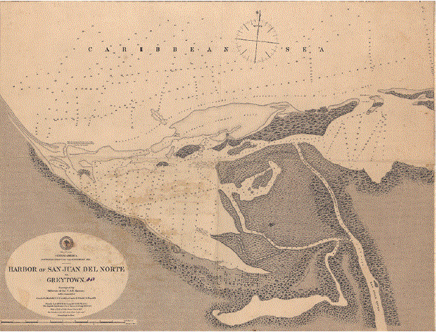 Mapa batimétrico (en pies) del puerto de San Juan del Norte o Greytown, de 1872. Realizado por R. H. Wyman para la Oficina Hidrográfica de la Fuerza Naval de los Estados Unidos y publicado en 1874. Tomado de Colección mapas y planos, de la Dirección General del Archivo Nacional de Costa Rica (signatura 8080), Costa Rica. Reproducido con permiso.