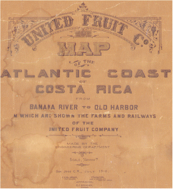 Leyenda de un mapa de las plantaciones bananeras entre el río Banano y el puerto Viejo, propiedad de la UFCo en el Caribe costarricense, 1910. Tomado de Colección mapas y planos, de la Dirección General del Archivo Nacional de Costa Rica (signatura 7168), Costa Rica. Reproducido con permiso