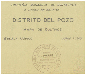 Leyenda de un mapa del distrito del Pozo en la división de Golfito, propiedad de la Compañía Bananera de Costa Rica, 1940. Tomado de Colección mapas y planos, de la Dirección General del Archivo Nacional de Costa Rica (signatura 16488), Costa Rica. Reproducido con permiso.