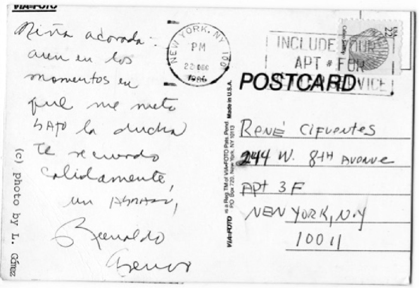 Reverso de la postal enviada a Ren&eacute; Cifuentes. Nueva
York, 1986. 