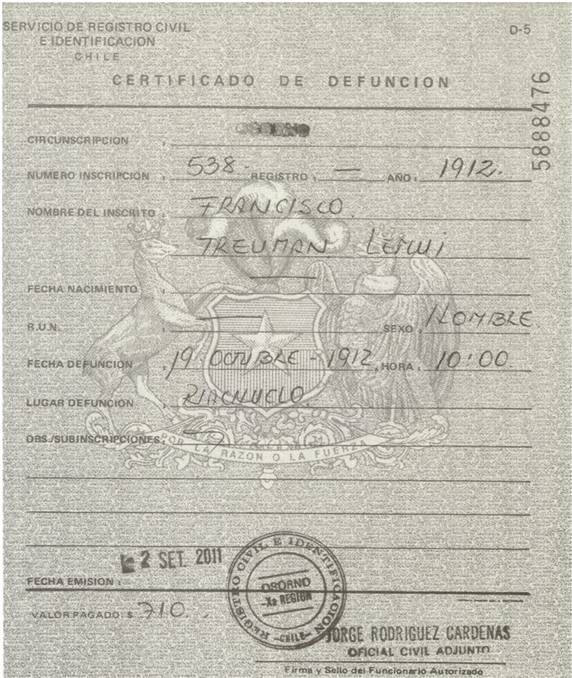  Certificado de defunci&oacute;n de
Francisco Treuman Lemui