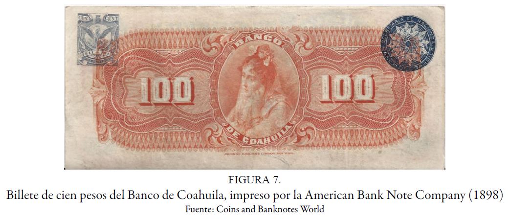 Billete de cien pesos del Banco de Coahuila, impreso por la American Bank Note Company (1898)