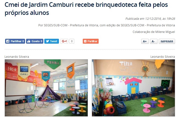 Recorte do Website da PMV sobre a construção da brinquedoteca