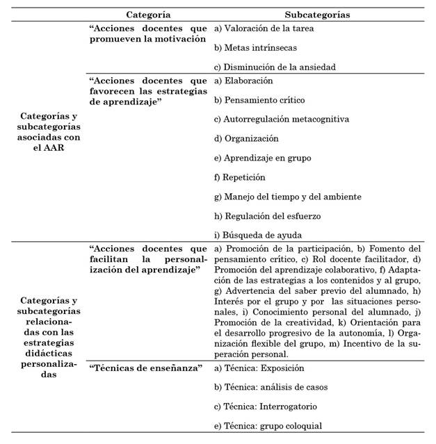 Categor&iacute;as y subcategor&iacute;as registradas
durante el an&aacute;lisis de las acciones docentes