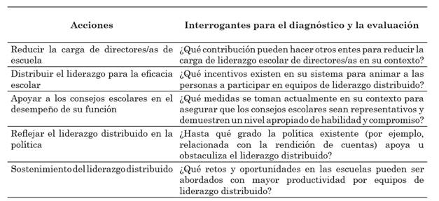 Resumen de áreas de acciones de la distribución del liderazgo