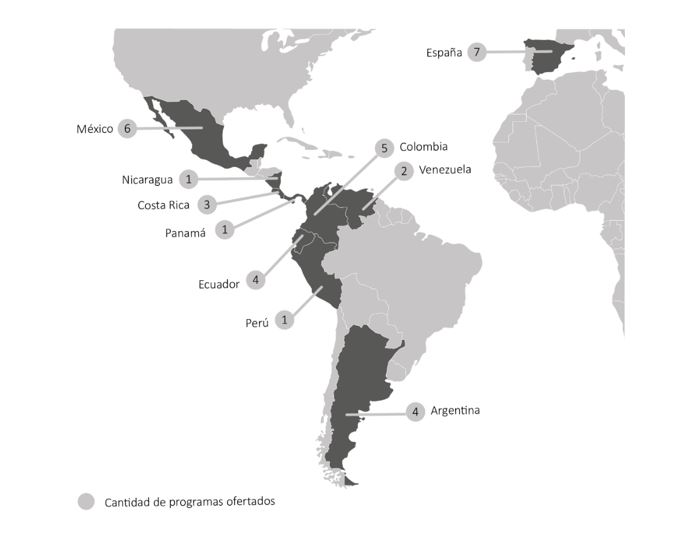 Cantidad de programas de maestr&iacute;a en econom&iacute;a
social en Espa&ntilde;a y pa&iacute;ses hispanohablantes de Latinoam&eacute;rica
