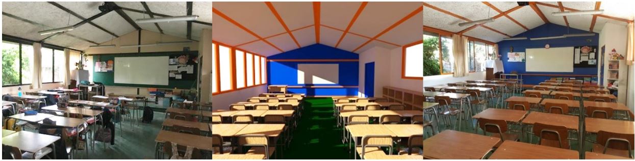 De izquierda a derecha, tres etapas del aula del 3°A: estado original, proyecto de modificación y sala modificada.
