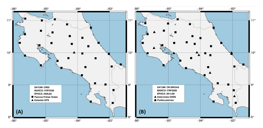 A la izquierda (A) se muestra la ubicación de los puntos de la anterior Red Geodésica de Primer Orden base del datum CR05 y a la derecha (B) la ubicación de las estaciones activas GNSS y puntos pasivos de la actual Red Geodésica de Primer Orden, marco CR-SIRGAS. Mapas compilados con Generic Mapping Tools (GMT) versión 6.0.0