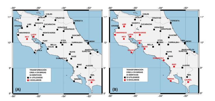  Ubicación de las estaciones GNSS y los puntos pasivos usados y excluidos para la determinación del conjunto de parámetros de transformación directa entre CR05 y CR-SIRGAS. A la izquierda (A) la configuración para 31 puntos idénticos y a la derecha (B) la configuración para los 22 puntos idénticos. Mapas compilados con Generic Mapping Tools (GMT) versión 6.0.0 [9].