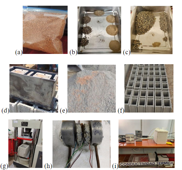(a) Corcho granulado; (b) granulometra del agregado fino y agregado grueso; (c) molde metlico; (d) mezcla de materiales; (e) bloques de concretos; (f-a) ensayo de resistencia a la compresin; (f-b) ensayo de conductividad trmica.