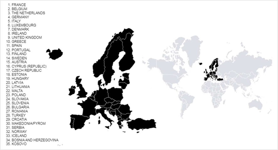 35 países analisados (destacados em preto).