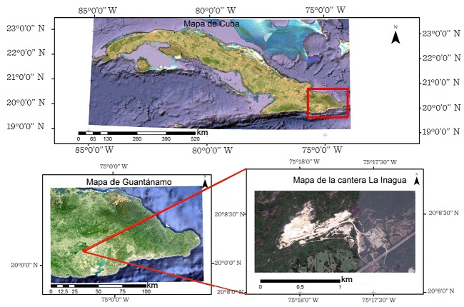 Ubicación geográfica de la cantera La Inagua. Figure 1. Geographic location of the “La Inagua” quarry.