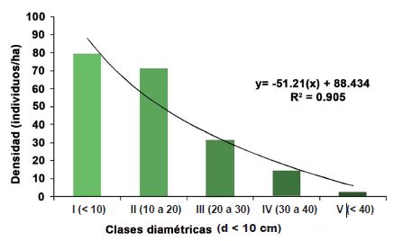 Densidad de individuos de acuerdo a clases diamétricas en
										el área de estudio.