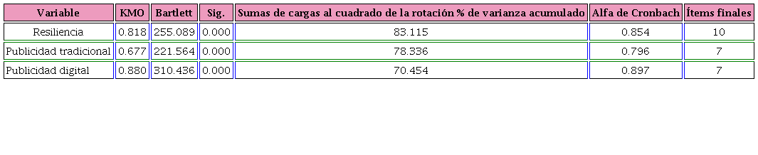 Estad&iacute;sticos por variable de prueba piloto.