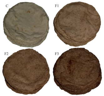 Tortillas adicionadas con diferentes proporciones de harina de cuajilote (HC). C: 0 % HC y 100 % harina de ma&iacute;z, F1: 5 % HC y 95 % harina de ma&iacute;z, F2: 10 % HC y 90 % harina de ma&iacute;z, F3: 15 % HC y 85 % harina de ma&iacute;z.
