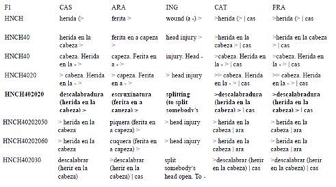 El nodo |HNCH|herida|cas||ferita|ara||wound (a -)|ing| y su racimo de nodos (parcial).