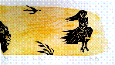 Francisco Hernández. La chica y el viento, 2015, Cromoxilografía (matriz perdida), 24 x 35 cm.