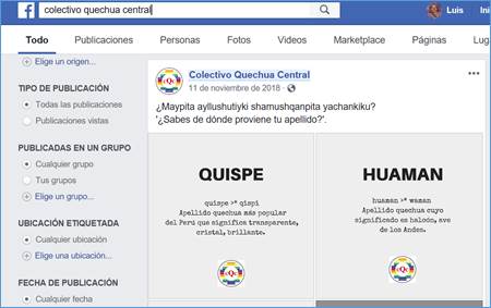 Post del grupo de Facebook Colectivo Quechua Central