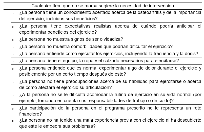 Lista de verificacin adaptada para profesionales del ejercicio, para la deteccin de factores individuales que podran indicar un potencial de menor adherencia al ejercicio, en personas con osteoartritis de cadera o rodilla
