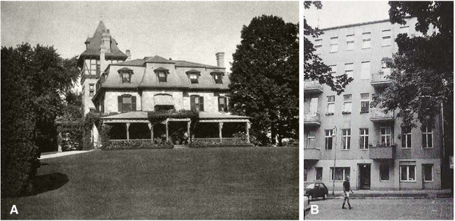 A - Homestead of the Ames family, were Oakes Ames was born and lived in the first years of his marriage (North Easton, Massachusetts). B - Building on Neue Culmstrasse N°5a, where Schlechter lived around 1914 (Berlin- Schöneberg). The building was heavily damaged during the war and rebuilt afterwards.