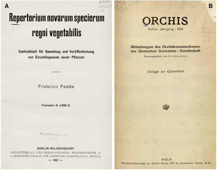 A - Title page of Fedde’s Repertorium Specierum Novarum Regni Vegetabilis. B - Title page of Orchis.