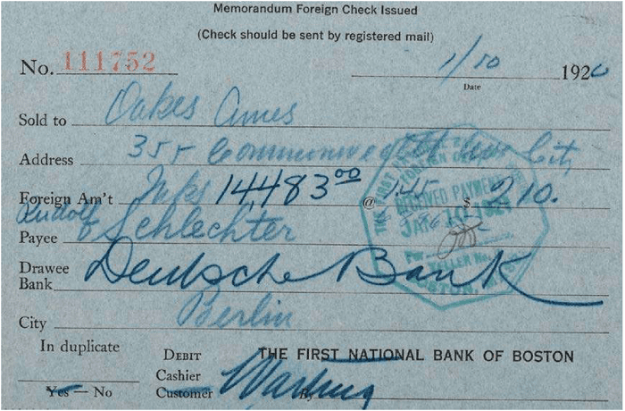 A - Carbon-copy of Ames’ check to Schlechter, Jan. 10, 1920 ($210 U.S: Dollar equivalent to 4,483 German marks!).