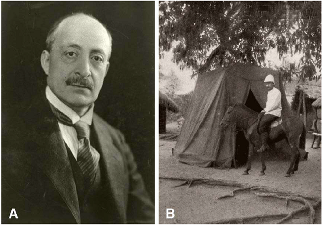 A - Otto Warburg (1859-1938). Archives of Rudolf Jenny. B - Rudolf Schlechter in front of his tent in Kadyebi (Togo), 1900. In Fibeck, 2012, part II: 169. l.