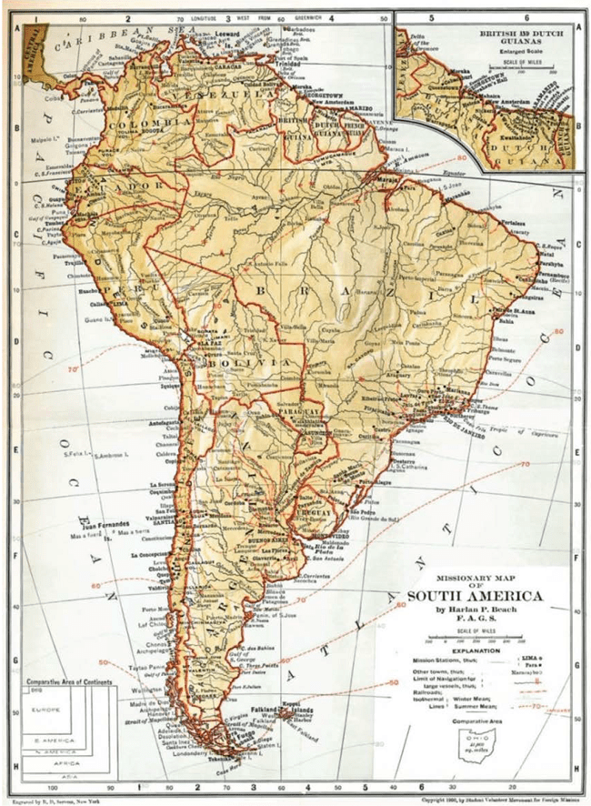 Map of South America by Harlan P. Beach, ca. 1900.