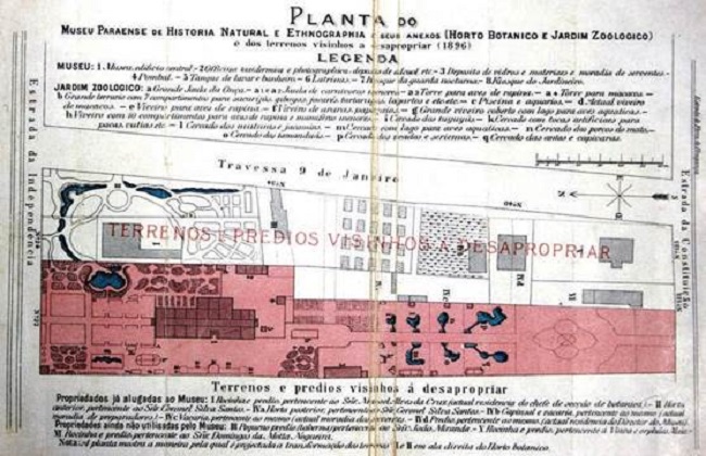 Museu Paraense de Hist&oacute;ria Natural e Etnograf&iacute;a. Site plan in 1896. In Florez et al. 2018.