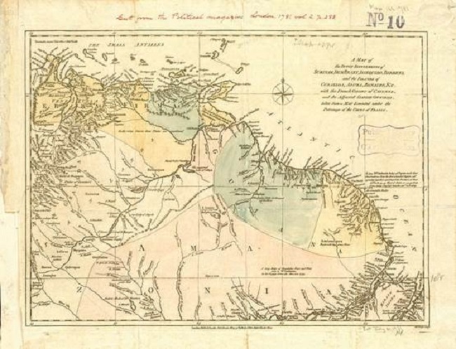 A map of the Dutch settlements of Surinam, Demerary, Issequibo, Berbices, and the islands of Curassoa, Aruba, Bonaire, &c., with the French colony of Cayenne, 1781.