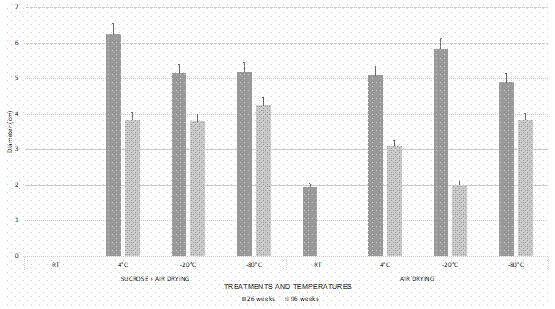 Mycelium growth of encapsulated Ceratobasidium in alginate beads after stored for 26 and 96 weeks at different temperatures, five days after sowing. Bars represent the mean &plusmn; standard error (n = 5).