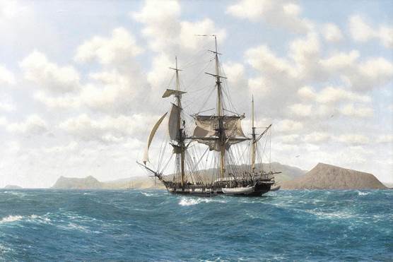 HMS Beagle off the coast of Tierra del Fuego.