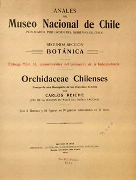 Inside cover of Reiche’s Orchidaceae Chilenses.