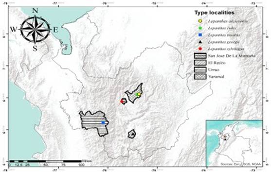 Map showing the type localities and municipalities for Lepanthes sylvilagus E.Restrepo & S.Vieira-Uribe and morphologically similar species: L. alcicornis Luer & R.Escobar, L. culex Luer & R.Escobar, L. georgii Luer & R.Escobar and L. insolita Luer & R.Escobar.