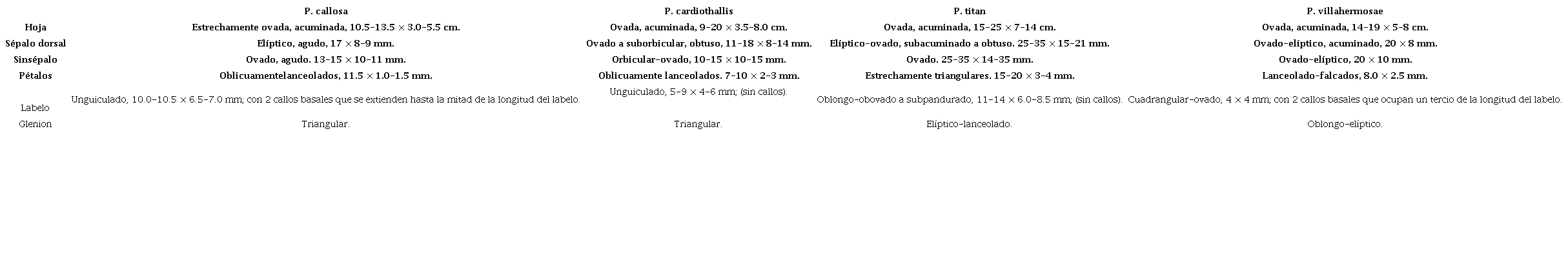Diferencias morfol&oacute;gicas entre Pleurothallis villahermosae, P. callosa, P. cardiothallis y P. titan.