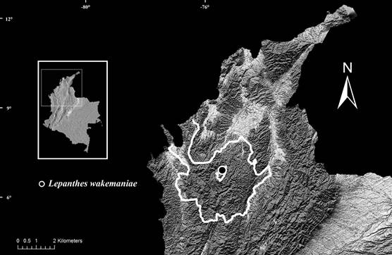 Map showing the locality where Lepanthes wakemaniae S.Vieira-Uribe & J.S.Moreno was found.